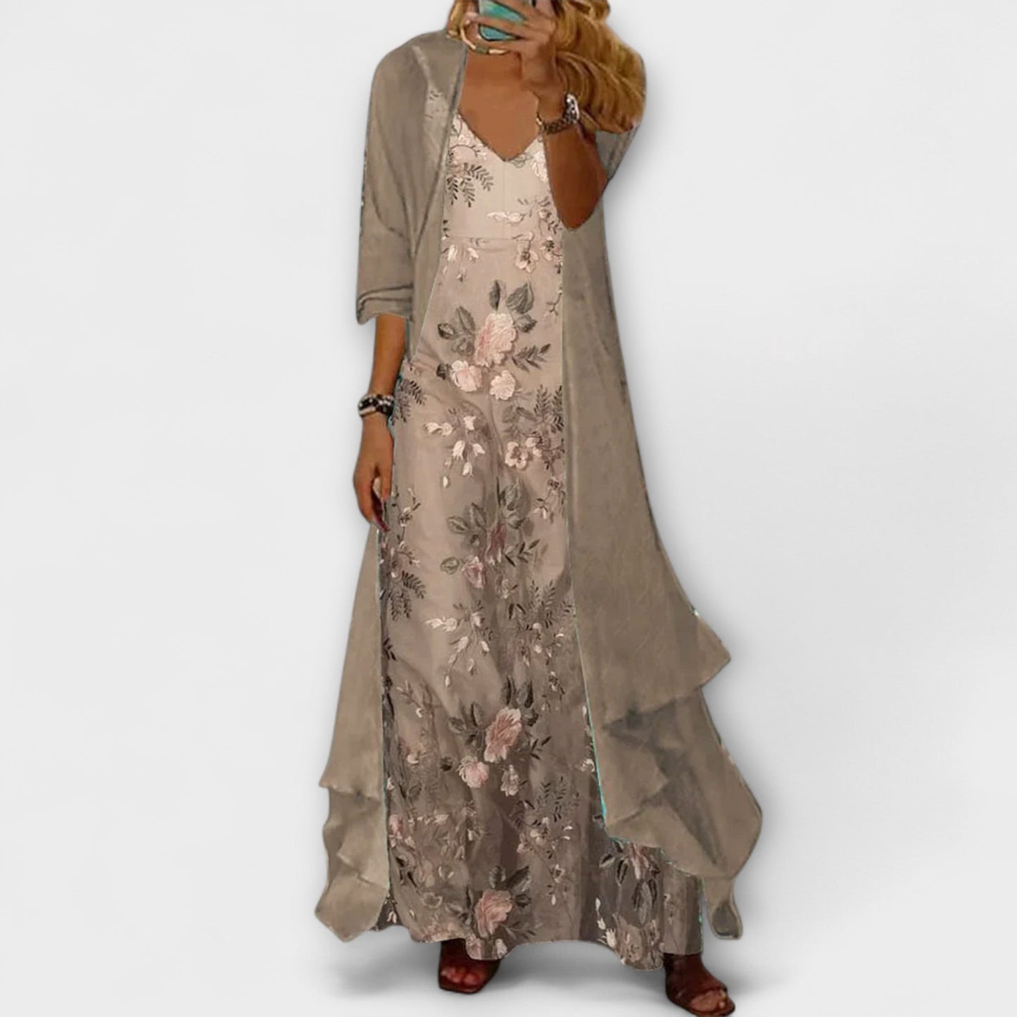 Mara - Graugrünes Maxikleid mit Jacke (2-teiliges Set)