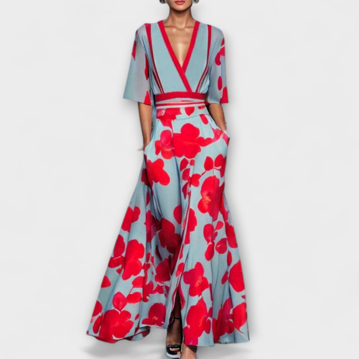 Alea | Buntes Kleid mit Rosenmuster und V-Ausschnitt