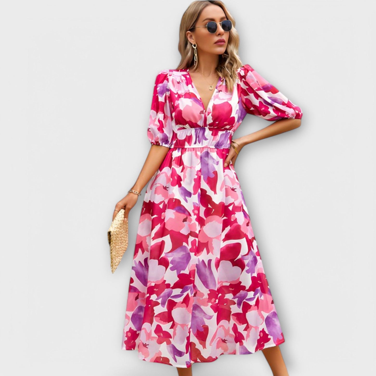 Lily | Abstraktes Maxikleid mit Puffärmeln