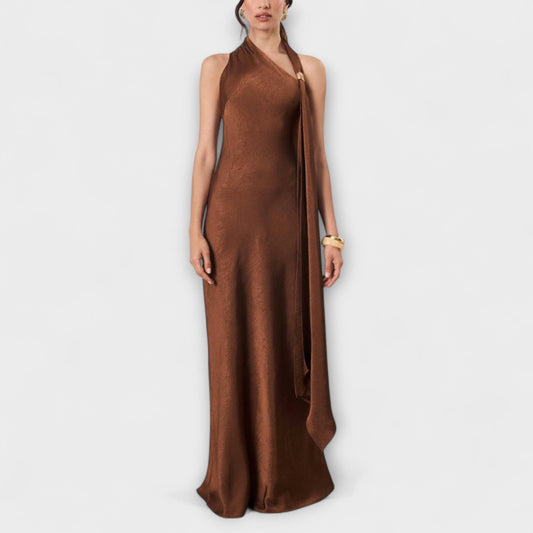 Azura | Braunes Satin-Maxikleid mit One-Shoulder