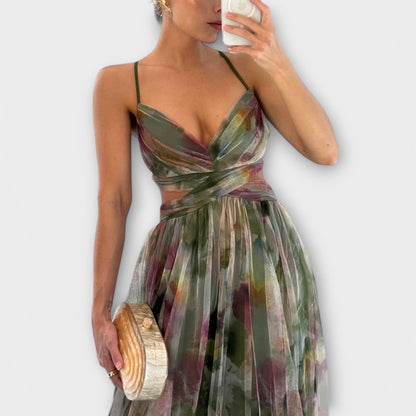 Annai | Rosa Mesh-Maxikleid mit Blütenmuster