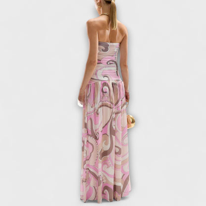 Tatum - Pastellfarbenes schulterfreies Maxikleid