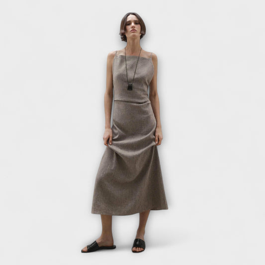Clara | Graubraunes fliessendes Leinen-Maxikleid