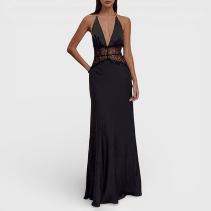 Story - Schwarzes Maxikleid mit Mesh und Schlitz