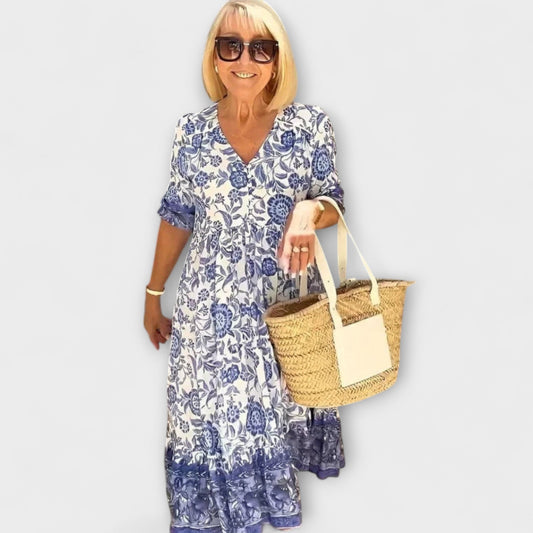 Caitlin | Blau-weisses luftiges Blumenkleid