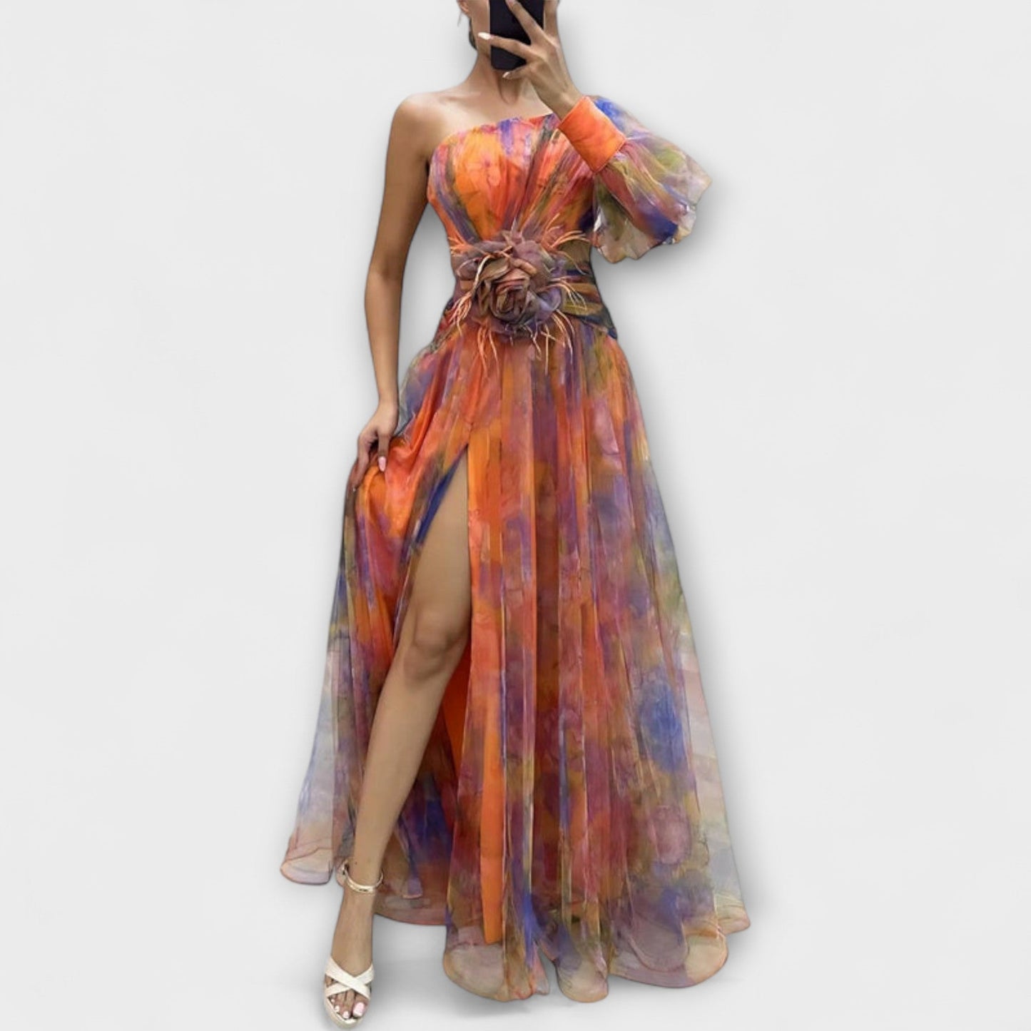 Minna - Lila asymmetrisches Maxikleid mit Print