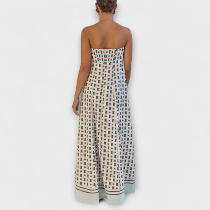 Hasel - Beiges Off-Shoulder-Maxikleid mit Punktmuster