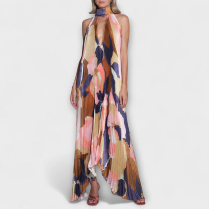 Vida - Schickes Plissiertes Halterneck Rückenfreies Midi-Kleid mit Trägerdesign