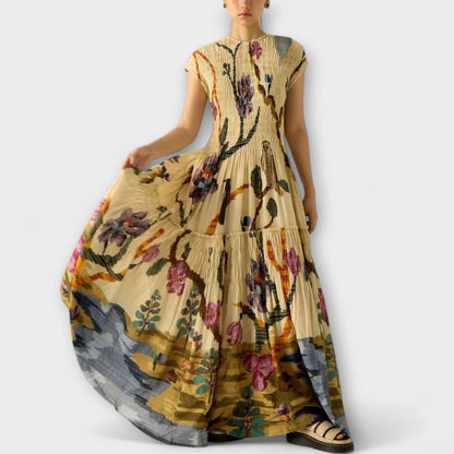 Amanda | Gelbes plissiertes Maxikleid mit Druck