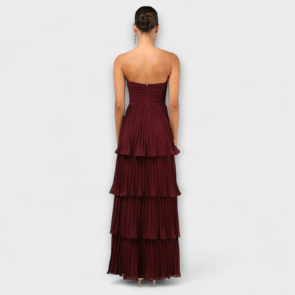 Lorena - Bordeauxrotes trägerloses Stufen-Maxikleid