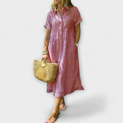 Anorea | Hellblaues gestreiftes Hemdblusenkleid