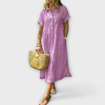Anorea | Hellblaues gestreiftes Hemdblusenkleid