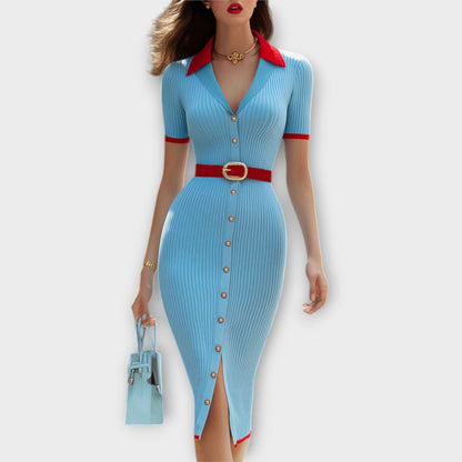 Sina - Babyblaues Rippstrick-Bleistiftkleid