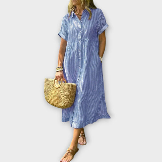 Anorea | Hellblaues gestreiftes Hemdblusenkleid