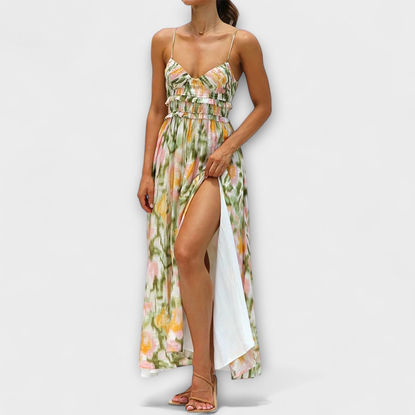 Annalise | Buntes bedrucktes Maxikleid mit Schlitz