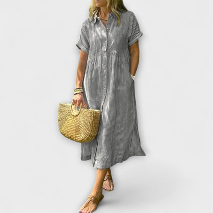 Anorea | Hellblaues gestreiftes Hemdblusenkleid