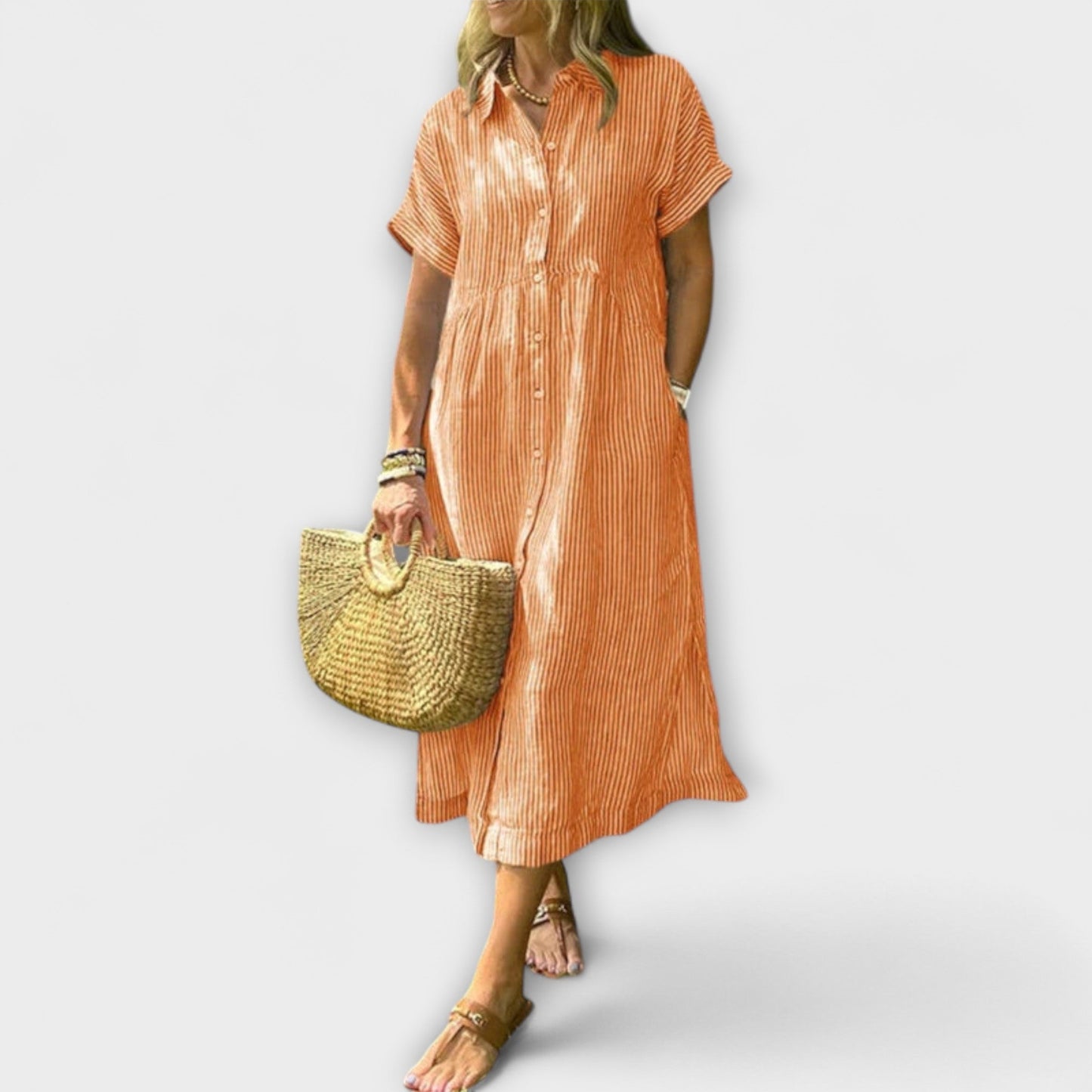 Anorea | Hellblaues gestreiftes Hemdblusenkleid