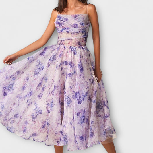 Fernanda | Chiffon-Midikleid mit lila Blütenmuster