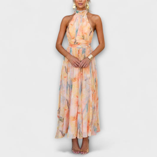 Talia | Buntes Halter-Maxikleid mit Aquarell-Print und Rückenausschnitt
