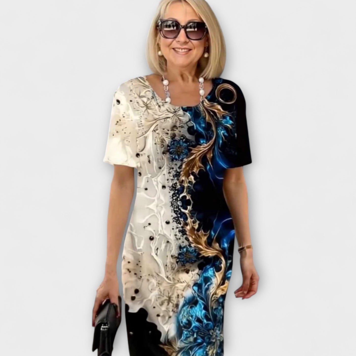 Barbara | Schwarz-blaues Kleid mit Sommerblütenmuster