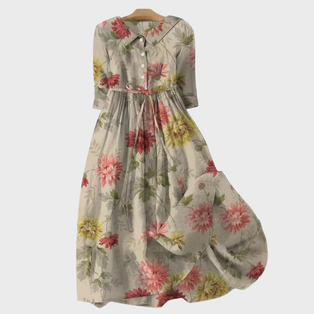 Livia | Beigefarbenes Vintage-Blütenkleid