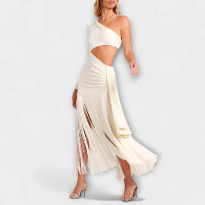 Alice | Cremefarbenes Maxikleid mit Cut-Out und Fransen