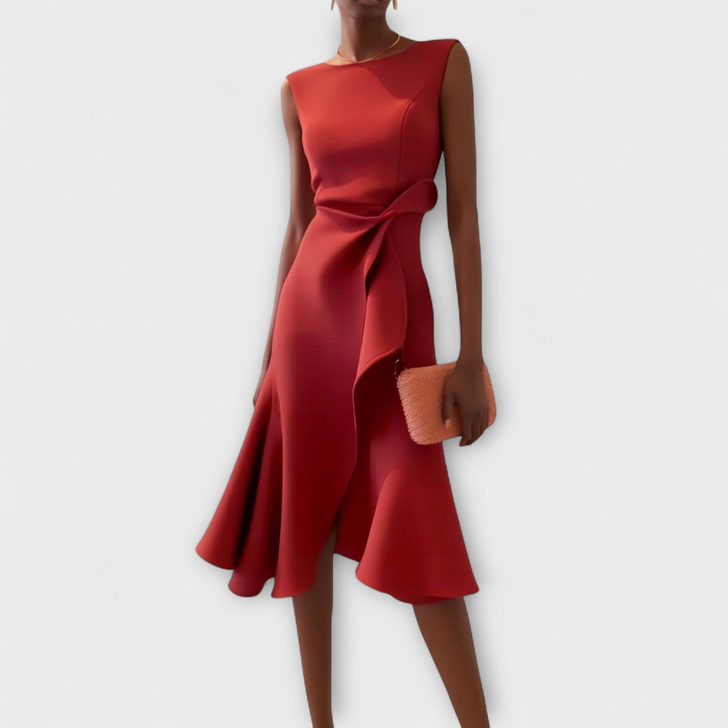 Juliette - Rostrotes drapiertes asymmetrisches Midikleid