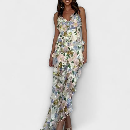 Indie - Buntes Maxikleid mit Blütendruck und Rüschen