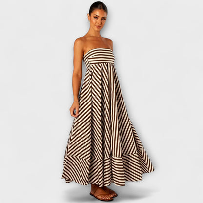 Selina | Beige-schwarzes gestreiftes Rüschen-Maxikleid