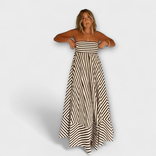 Selina | Beige-schwarzes gestreiftes Rüschen-Maxikleid