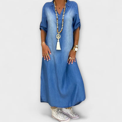 Lea - Blaues Denim-Look-Kleid mit Seitenschlitz