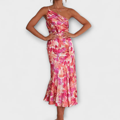 Tabea - Rosa asymmetrisches Kleid mit Blütendruck