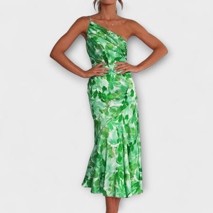 Tabea - Rosa asymmetrisches Kleid mit Blütendruck