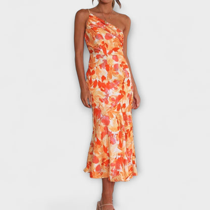 Tabea - Rosa asymmetrisches Kleid mit Blütendruck