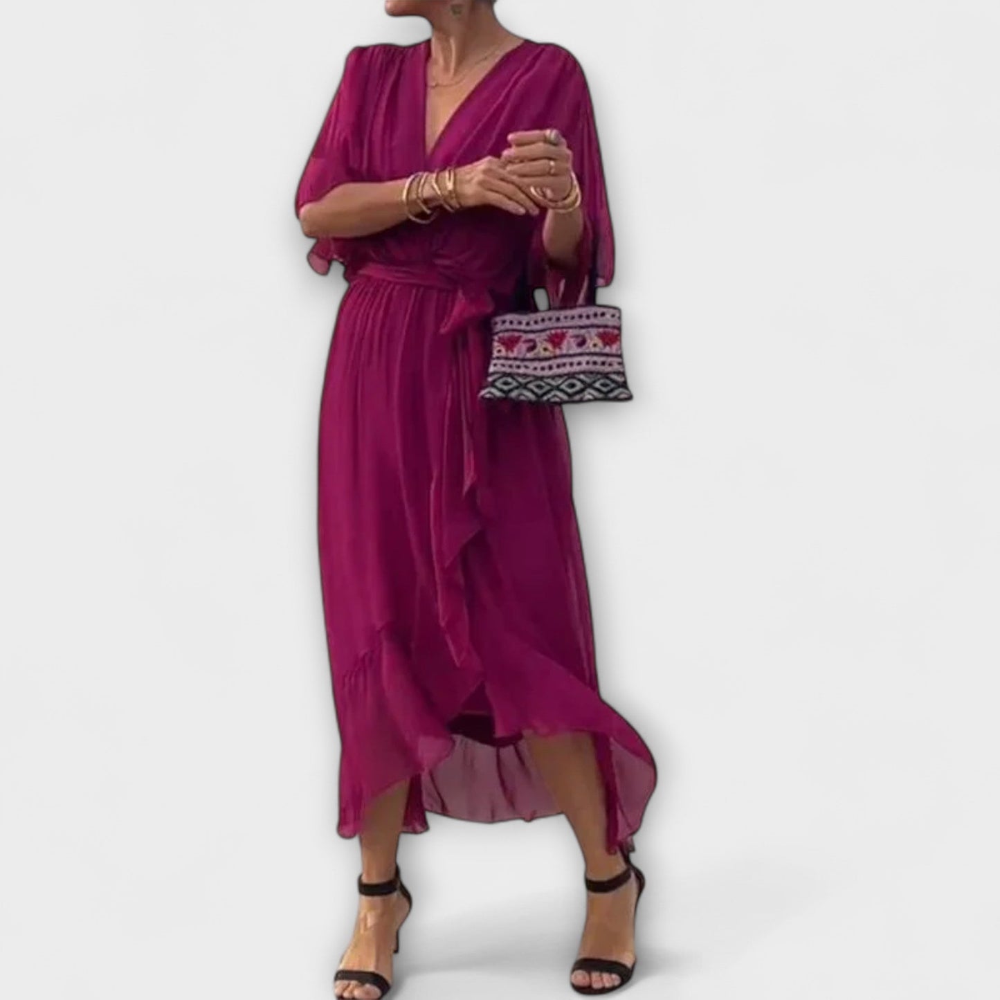 Amoura | Olivgrünes Chiffonkleid mit V-Ausschnitt