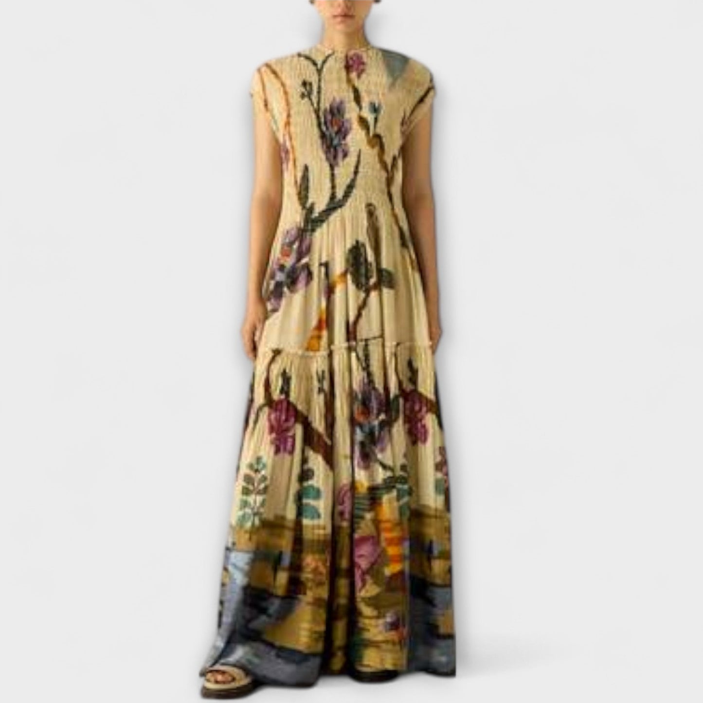 Amanda | Gelbes plissiertes Maxikleid mit Druck