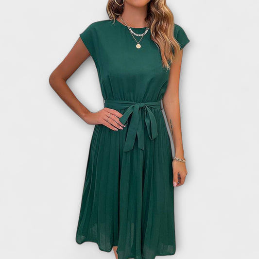 Solveig | Dunkelgrünes Midikleid mit Bindegürtel