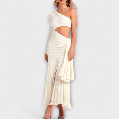 Alice | Cremefarbenes Maxikleid mit Cut-Out und Fransen