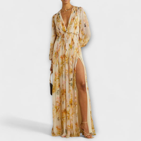 Nele - Gelbes Maxikleid mit Blütenmuster