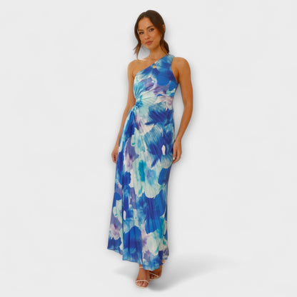 Sienna - Blaues Maxikleid mit Cut-Out und Aquarellmuster