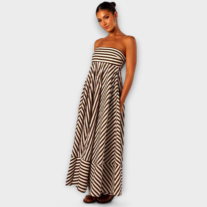 Selina | Beige-schwarzes gestreiftes Rüschen-Maxikleid