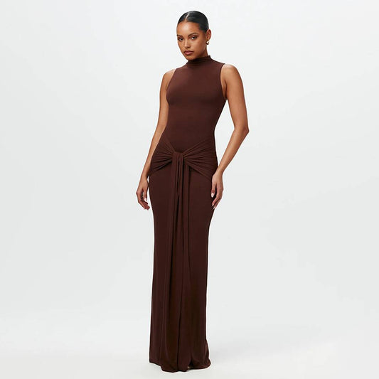 Calista | Braunes geknotetes Chiffon-Maxikleid