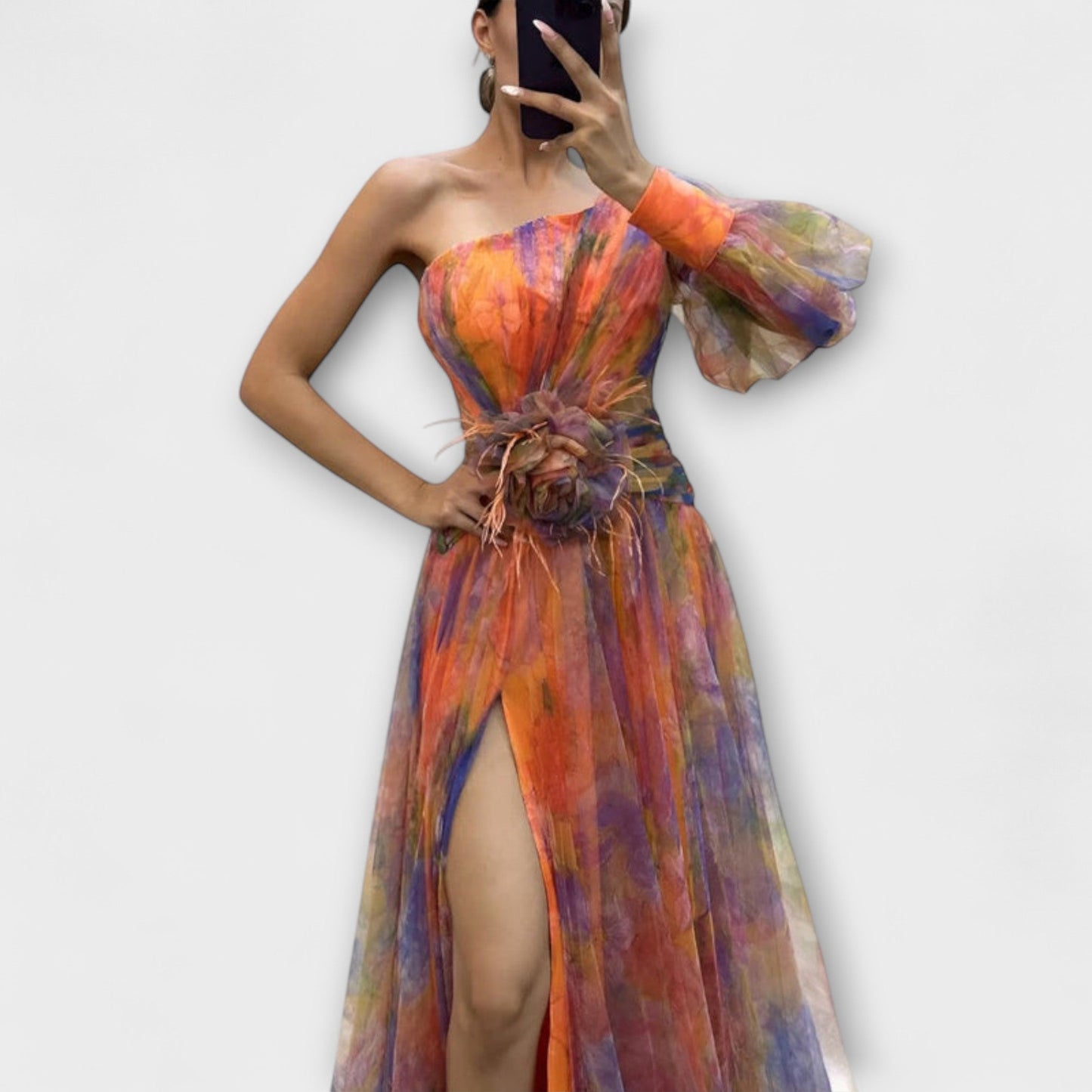 Minna - Lila asymmetrisches Maxikleid mit Print