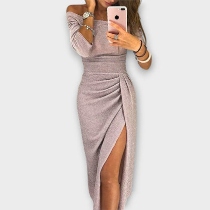 Lena - Graublaues Off-Shoulder-Kleid mit Schlitz