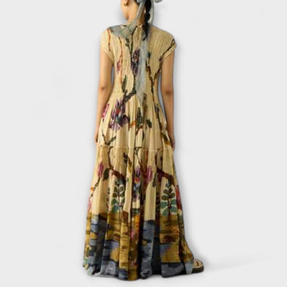 Amanda | Gelbes plissiertes Maxikleid mit Druck