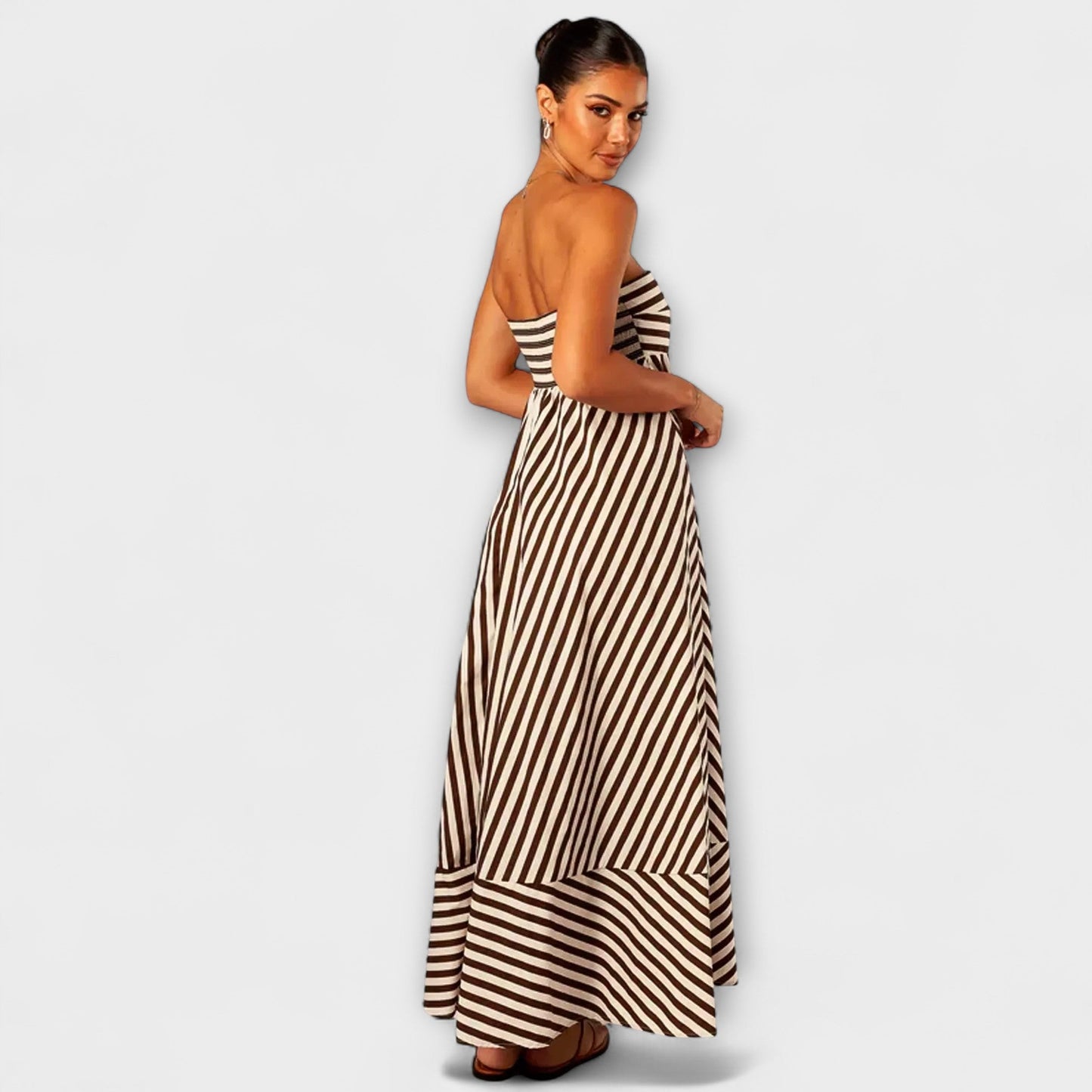 Selina | Beige-schwarzes gestreiftes Rüschen-Maxikleid