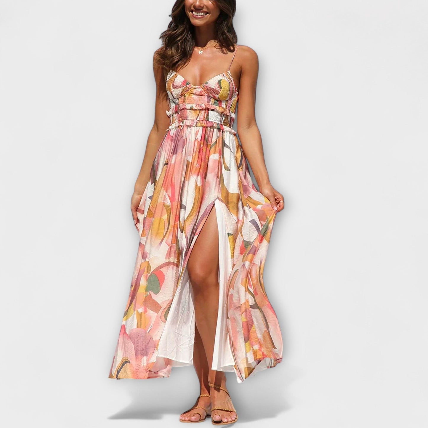 Annalise | Buntes bedrucktes Maxikleid mit Schlitz