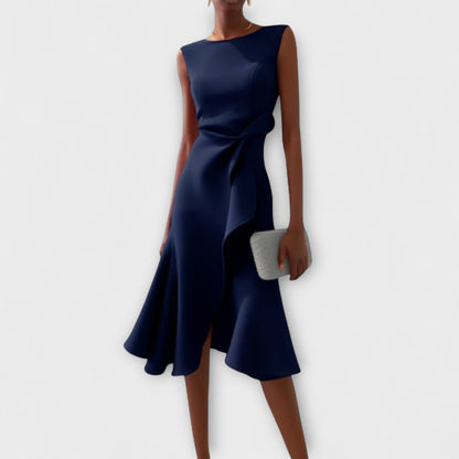 Juliette - Rostrotes drapiertes asymmetrisches Midikleid