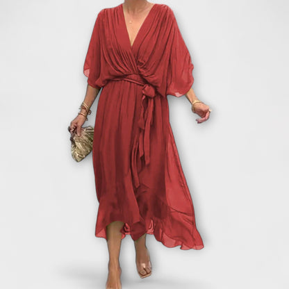 Amoura | Olivgrünes Chiffonkleid mit V-Ausschnitt