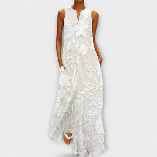 Camila | Weisses botanisches Maxikleid mit Print
